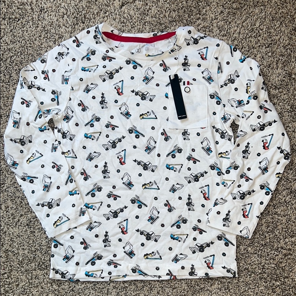 White and Black Long Sleeve Tee with Truck Print